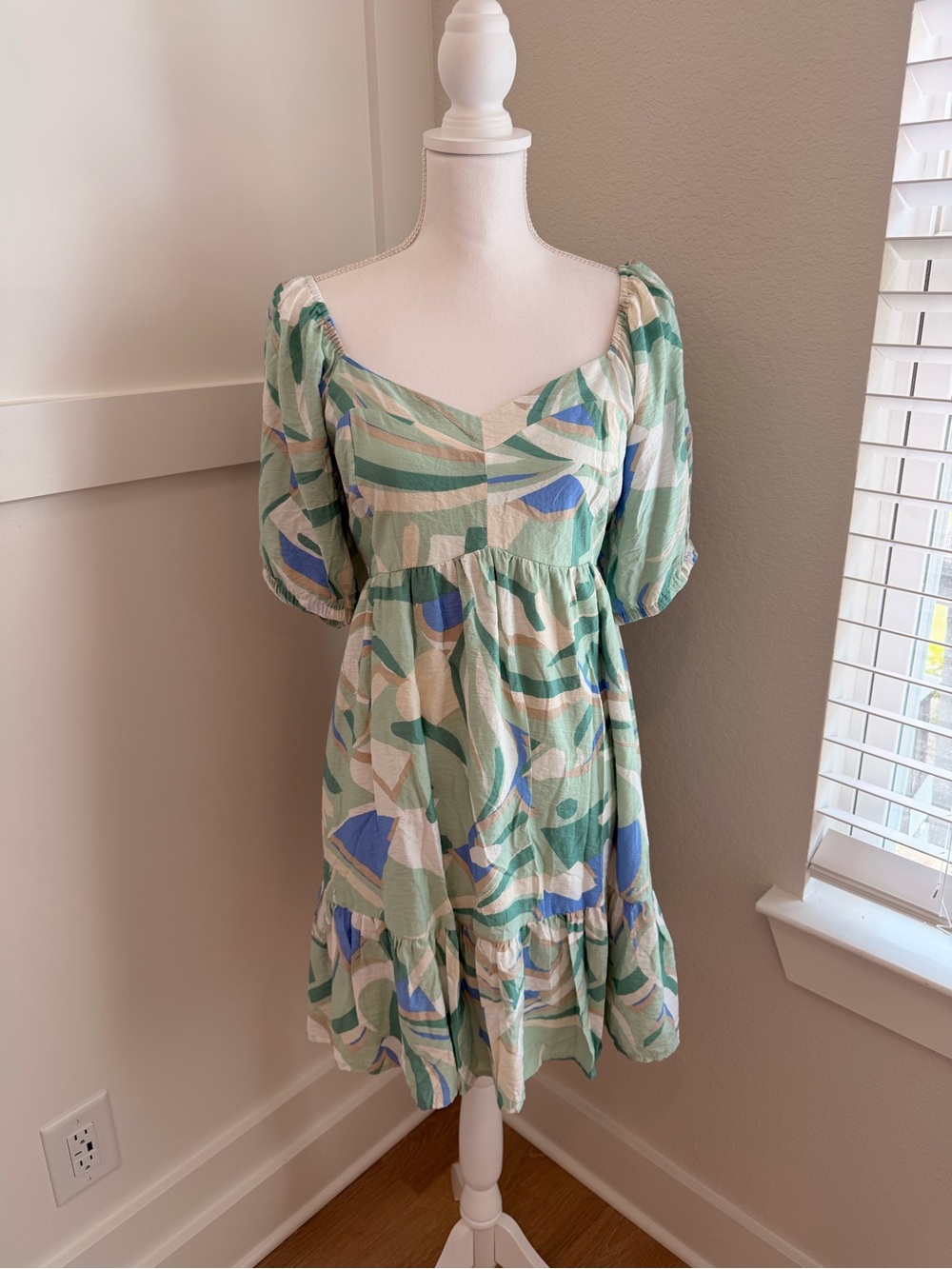 Abstract Print Puff Sleeve Mini Dress in Mint Green